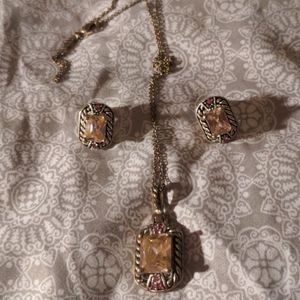 Pink Bezel Sterling Earrings Necklace Set